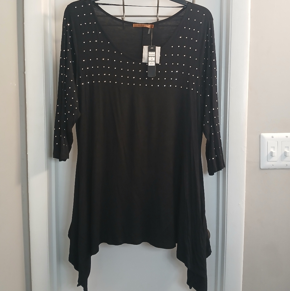 Belldini Black Knit Studded 3/4 Sleeve Asymmetric Hem Tunic Top 2X New!